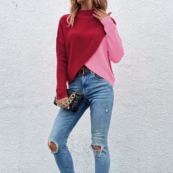 Multicolor Casual Women's Color Block Stand Collar Wrap Sweater - Picture 1 of 6